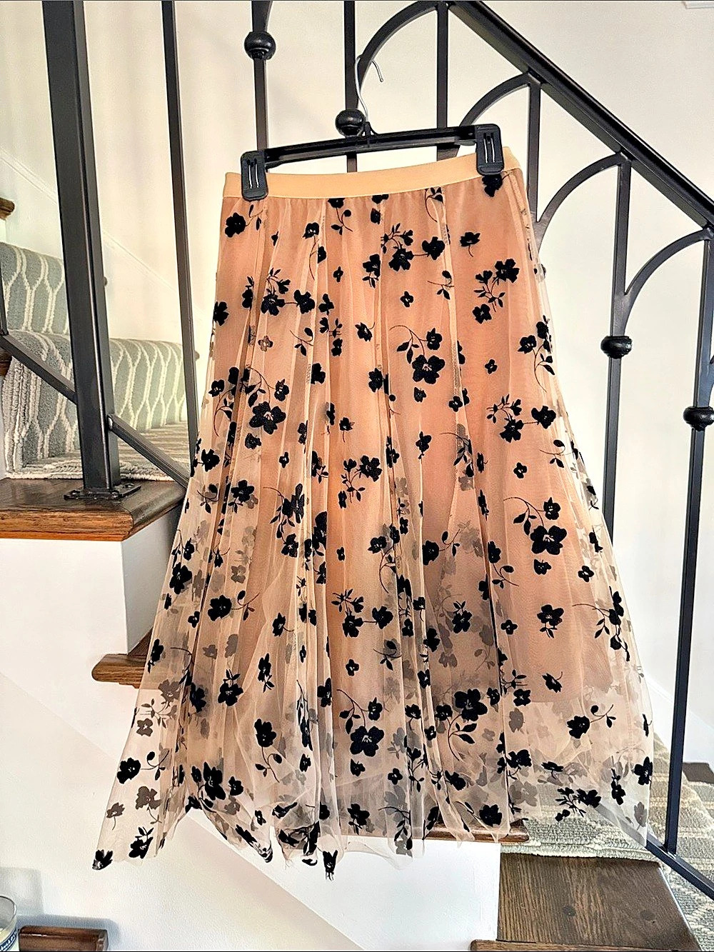 Floral Mesh Midi Skirt in Brown & Black Like New